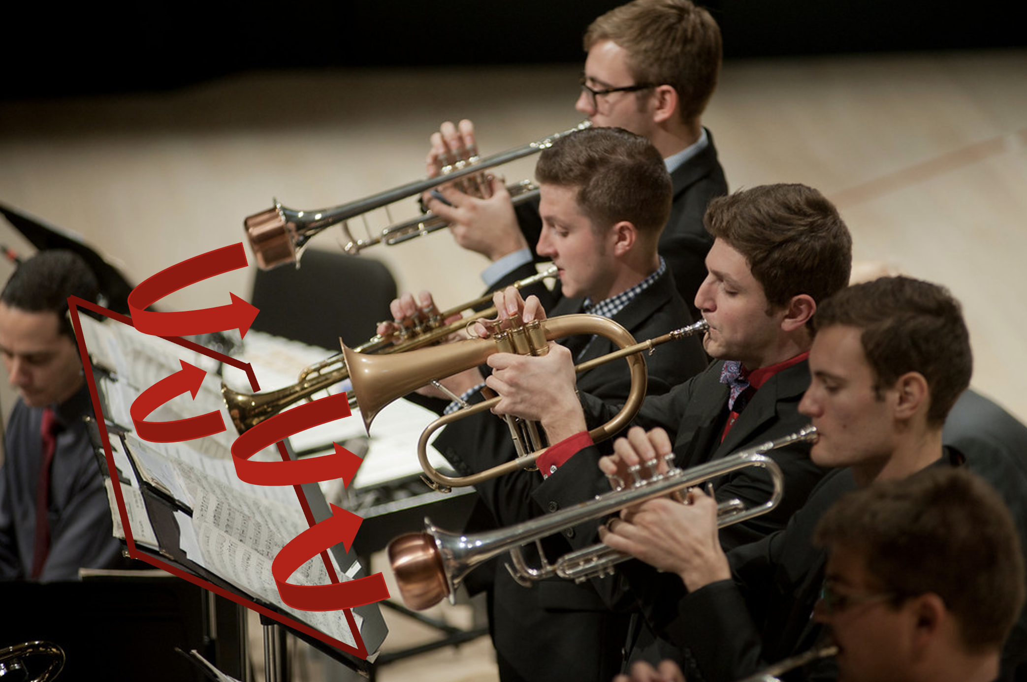 Trumpets playing into their stands