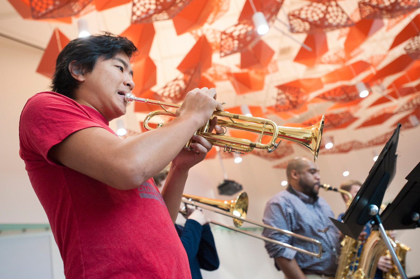 Trumpet player with hearing protection