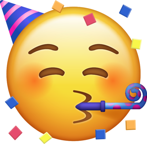 An image of a emoticon wearing a party hat and blowing a party horn