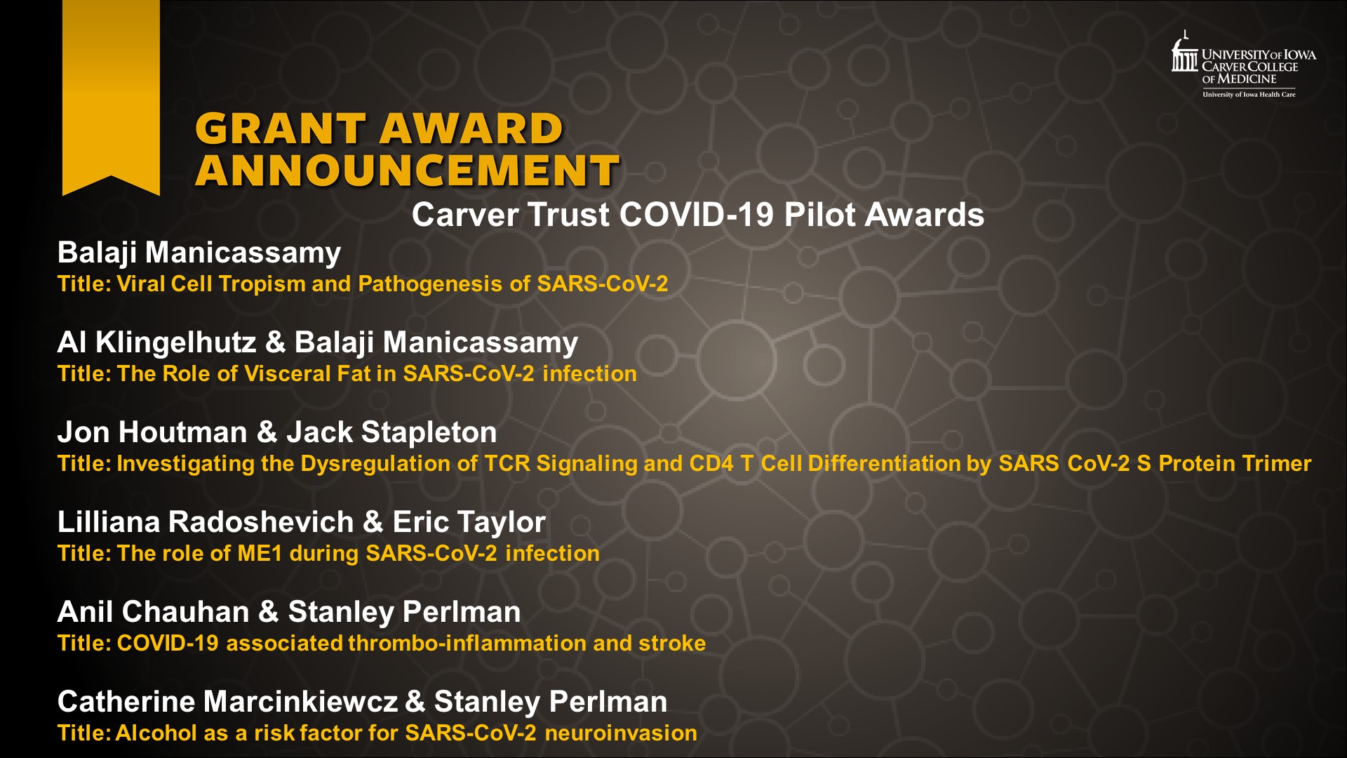 Carver Trust COVID-19 Pilot Awards Department awardees list