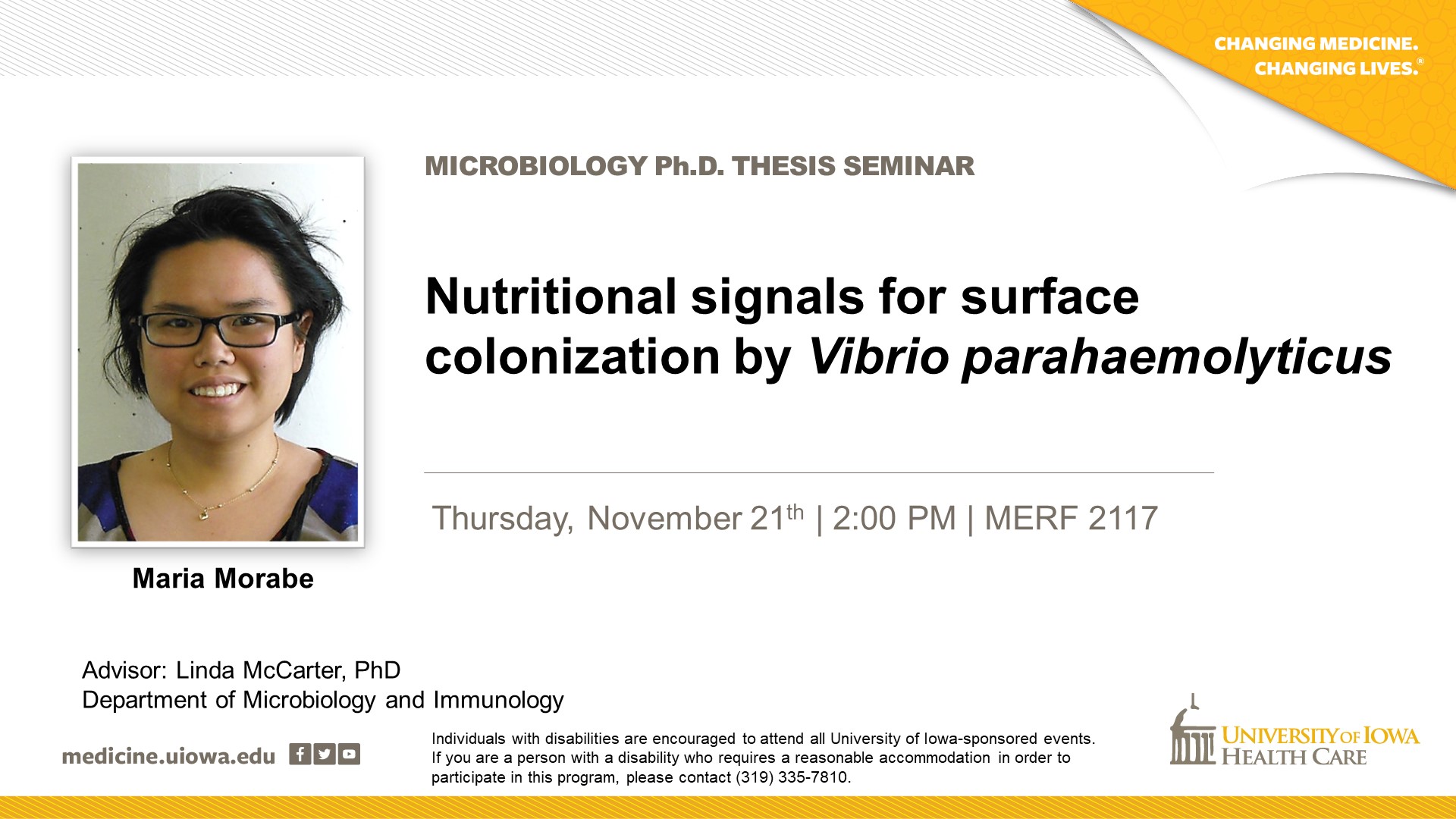 Maria Morabe on Thursday, November 21st  at 2:00 pm in 2117 MERF,  for her Ph.D. seminar 