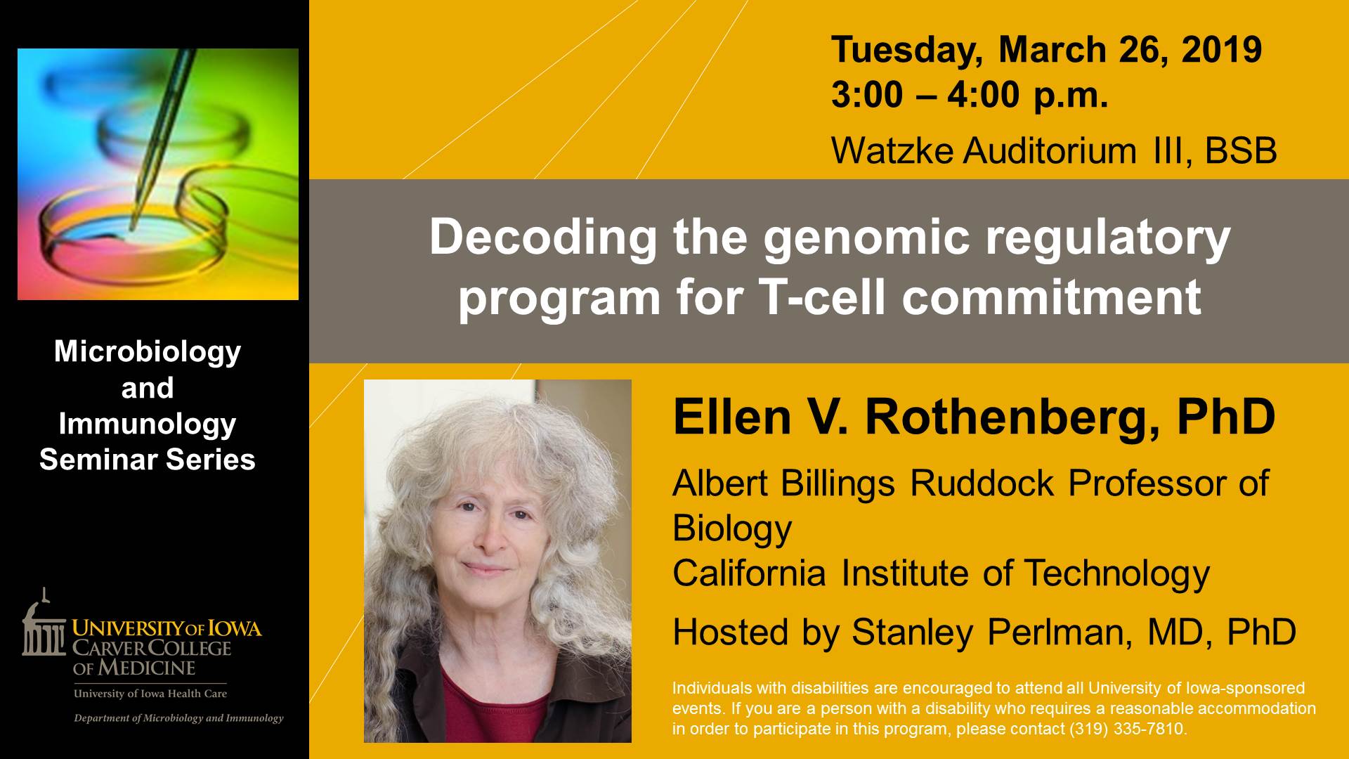 Seminar Speaker Ellen Rothenberg, PhD March 26, 2019