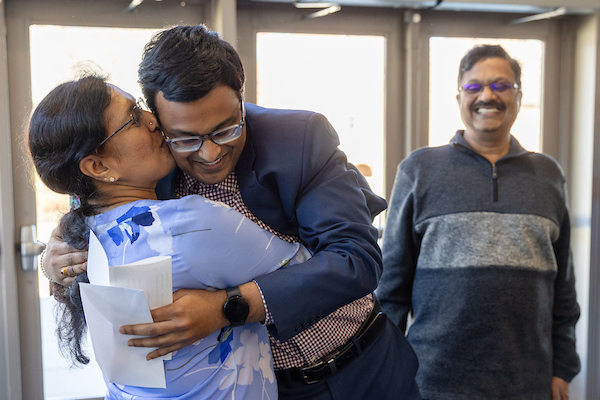 Medical student Vijayvardhan Kamalumpundi hugs his mom after finding out he matched at the Mayo Clinic 