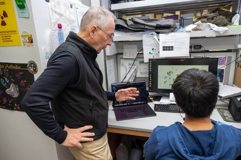 Michael Welsh, MD, in his University of Iowa lab with trainees on Friday, Feb. 14, 2025.