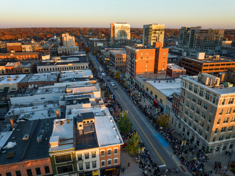 drone shot downtown Iowa City