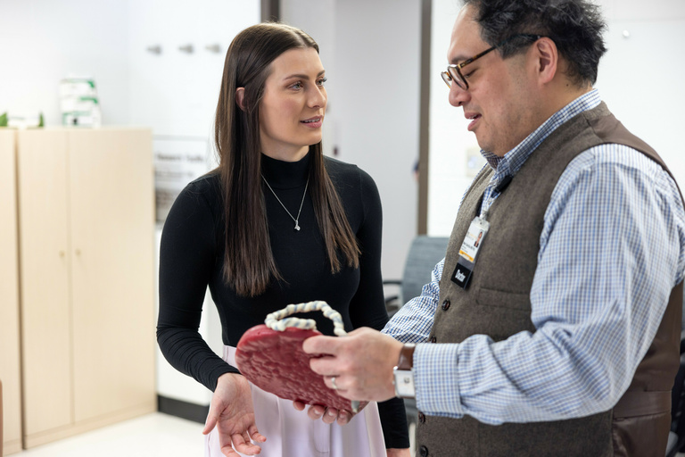 Carver College of Medicine fourth-year medical student Ashley Hurd-Jackson with Mark Santillan, MD, PhD, on Tuesday, Feb. 18, 2025. 