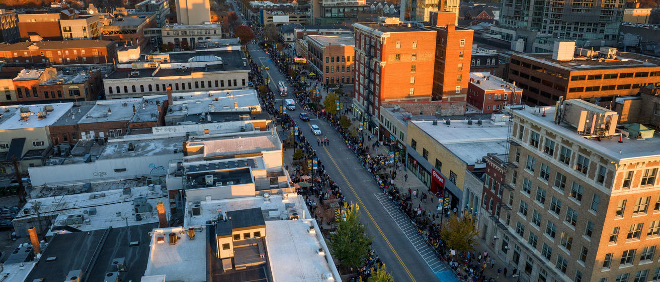 drone shot downtown Iowa City