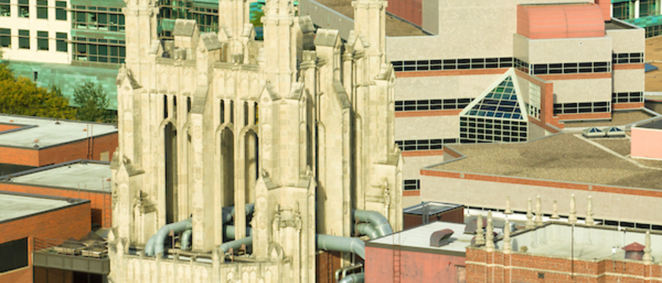 Aerial shot of the famous Gothic Tower and surrounding buildings.