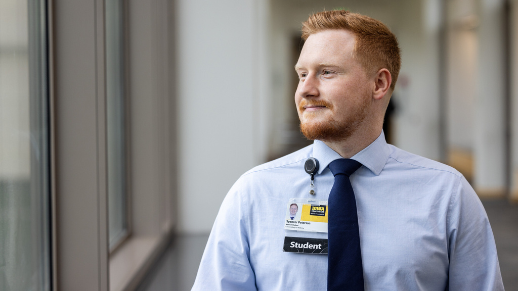 Fourth year medical student Spencer Peterson on the Carver College of Medicine campus.